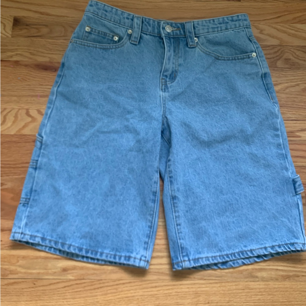Edikted Low Rise Denim Bermuda Carpenter Shorts LIGHT BLUE